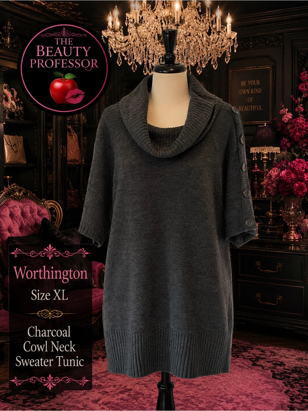 💕 Worthington XL Charcoal Cowl Neck Sweater Tunic Button Detail Short Sleeve